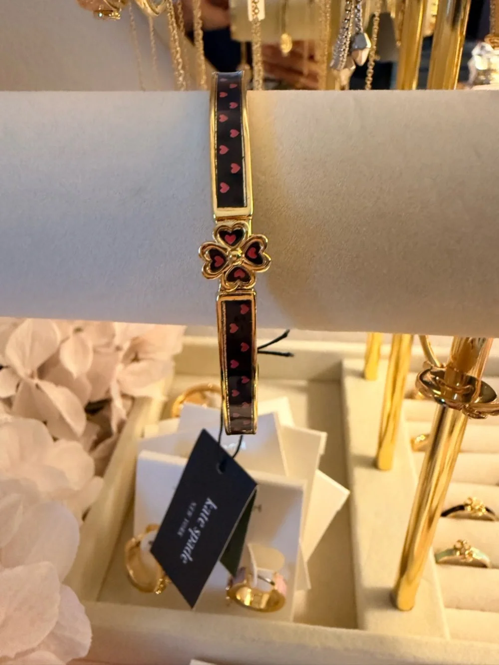 kate spade Gold-Tone Black Enamel Bangle with Pink Heart Clover - Picture 3 of 5